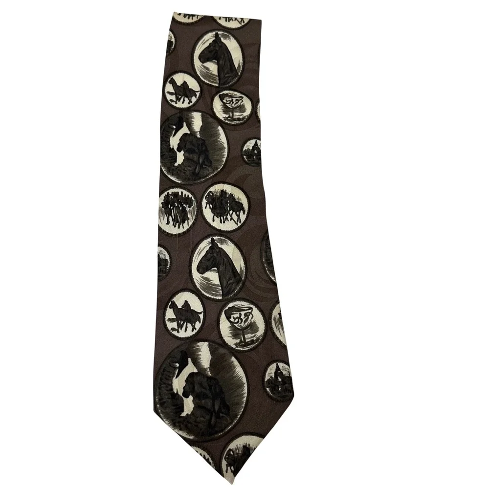 Style Counsel Mens Brown Silk Equestrian Horse Portrait Necktie Hand Made Korea